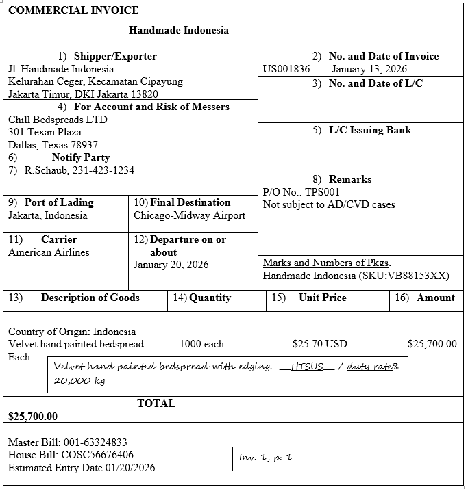 Commercial invoice from Handmade Indonesia to Chill Bedspreads LTD