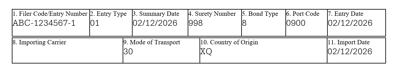 Excerpted CBP Form 7501 (Entry Summary), blocks 1 to 11
