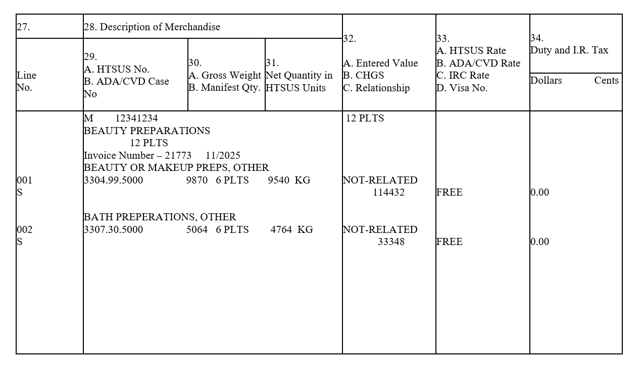 Excerpted CBP Form 7501 (Entry Summary), blocks 27 to 34